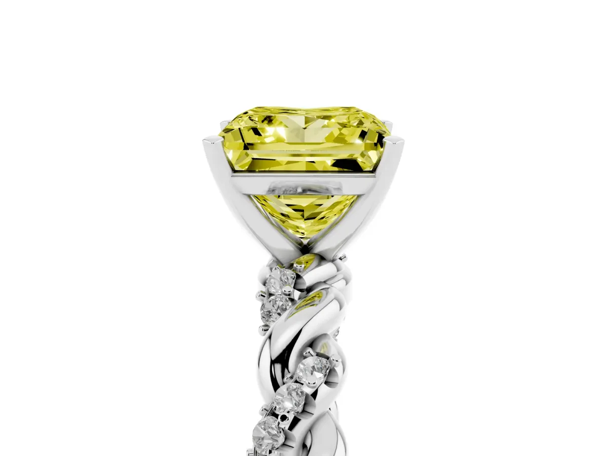 Fancy Yellow Princess Cut Diamond Solitaire Ring with Twisted Band and Pavé Accents Silver