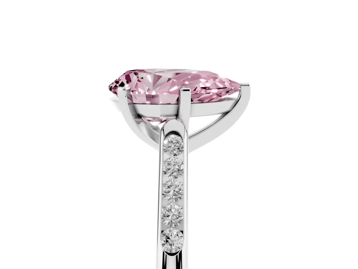 Fancy Pink Pear Cut Diamond Solitaire Ring with Channel Set Round Band and Prong Setting Silver