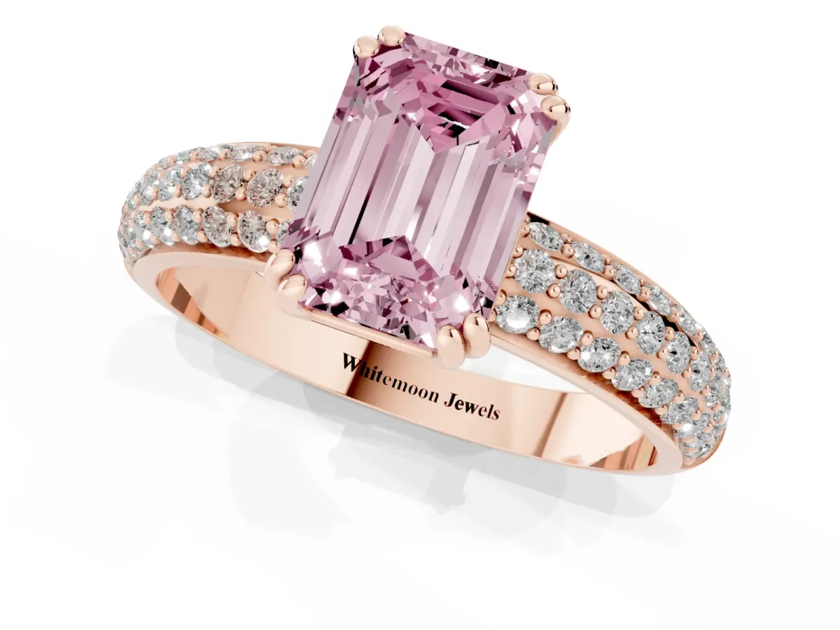 Fancy Pink Emerald Cut Diamond Solitaire Ring with Multi-Row Round Pavé Band and Prong Setting Rose gold