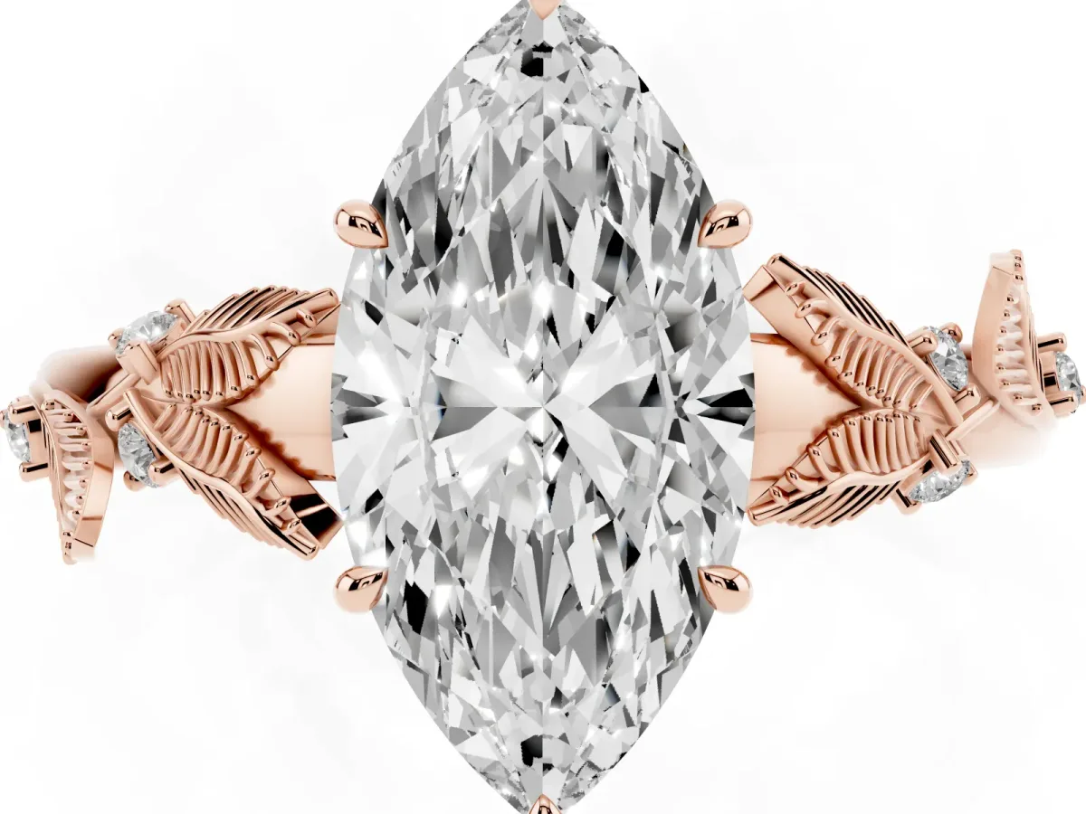 Marquise Cut Diamond Solitaire Ring with Leaf Motif Band and Four-Prong Setting Rose gold