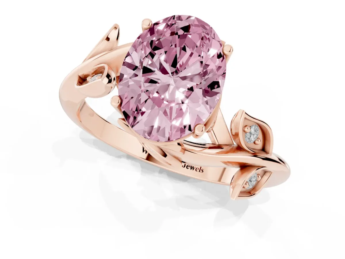 Fancy Pink Oval Cut Solitaire Twist Engagement Ring with Leaf Accents and Prong Setting Rose gold