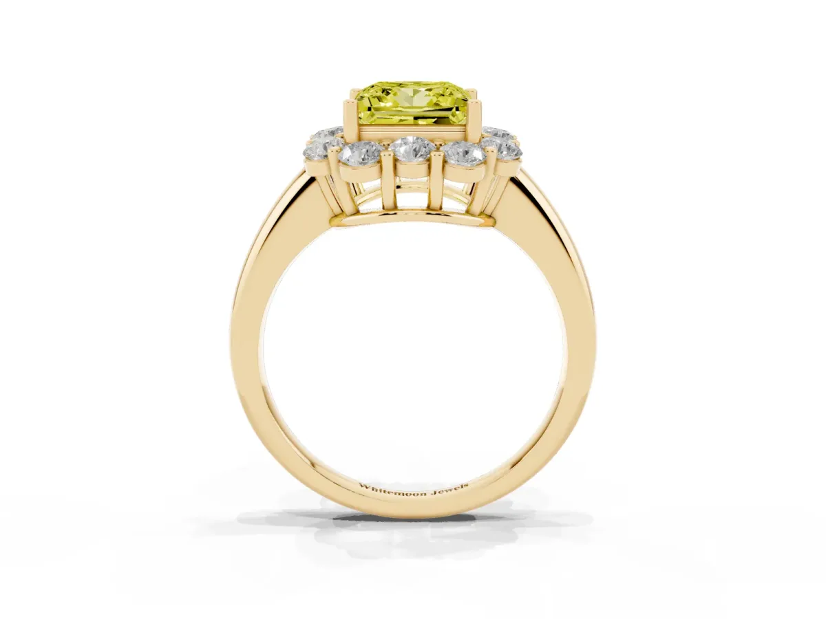 Fancy Yellow Princess Cut Halo Milgrain Solitaire with Bezel Set Side Stones and Pave Band Yellow gold