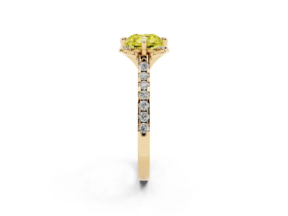 Fancy Yellow Cushion Cut Diamond Ring with Pavé Band and Floral Prong Setting Yellow gold