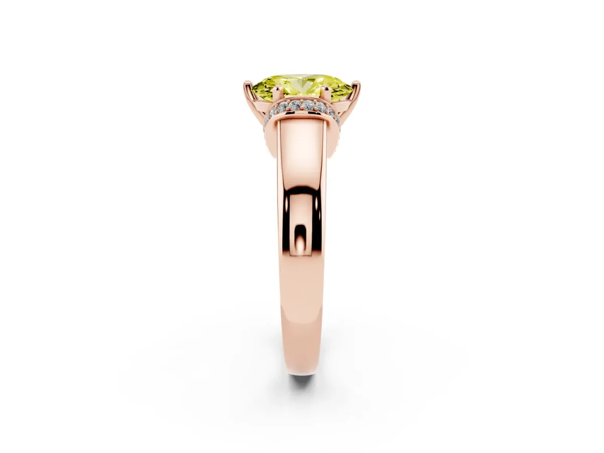 Fancy Yellow Oval Cut Solitaire Diamond Ring with Pave Band and Six-Prong Setting Rose gold