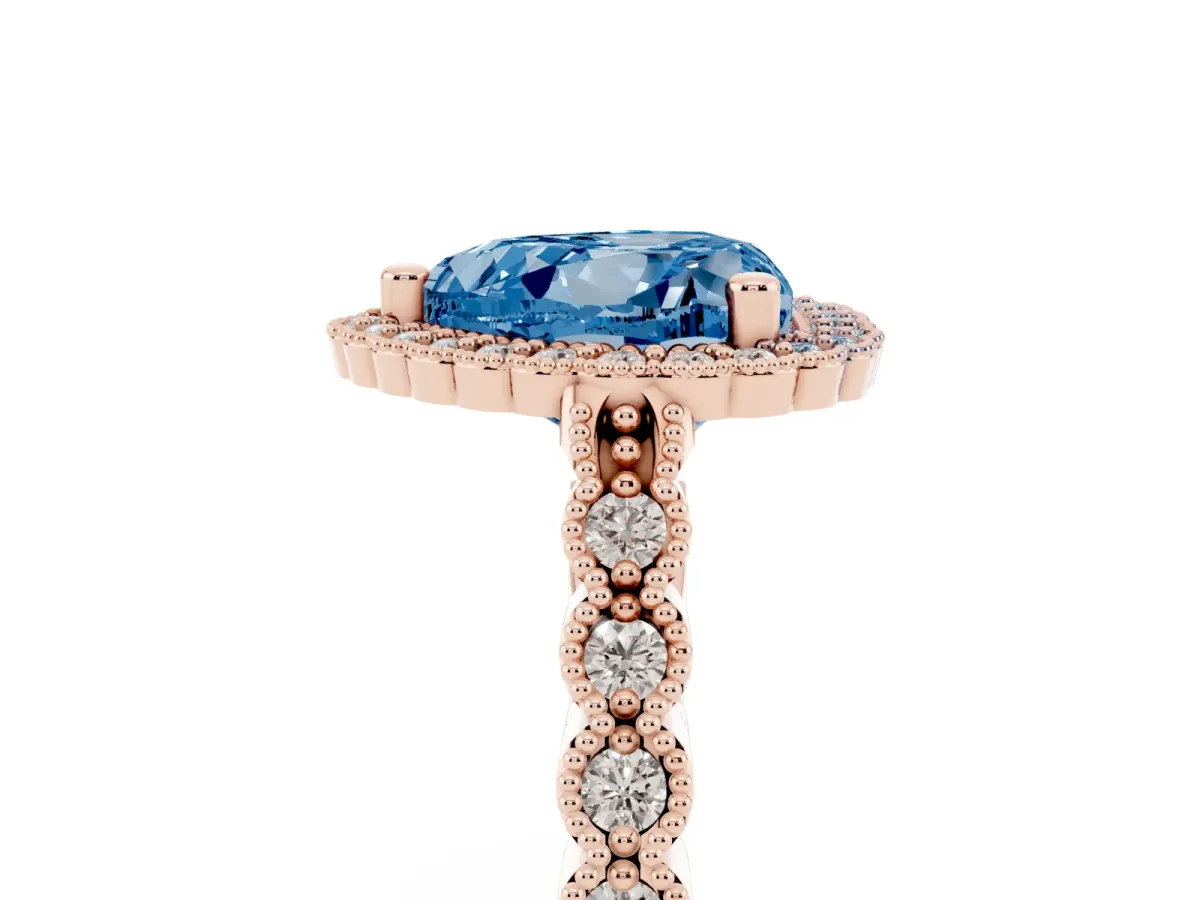 Fancy Blue Heart Cut Cut Halo Pavé Solitaire Ring with Milgrain Band Rose gold