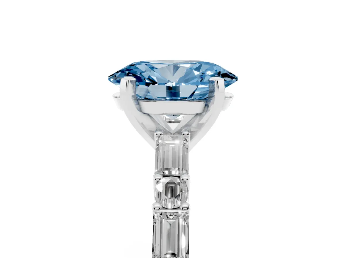 Fancy Blue Oval Cut Diamond Solitaire with Side Baguettes and Channel Set Band Silver