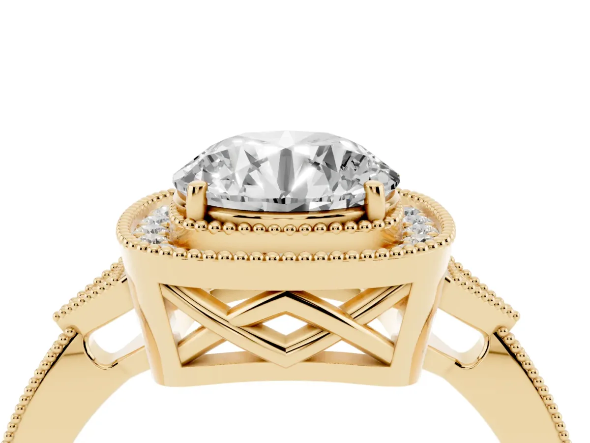Round Cut Halo Round Diamond Milgrain Pave Engagement Ring Yellow gold
