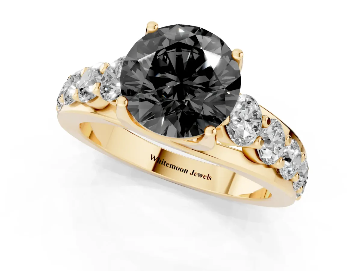 Fancy Black Round Cut Diamond Engagement Ring with Pavé Band and Four-Prong Setting Yellow gold