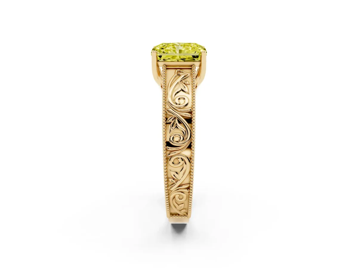 Fancy Yellow Radiant Cut Diamond Solitaire Ring with Engraved Band and Four-Prong Setting Yellow gold