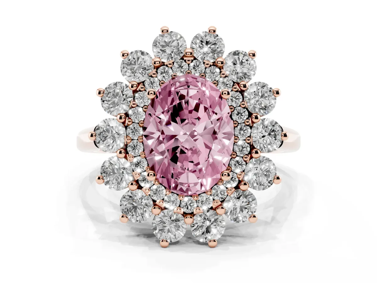 Fancy Pink Oval Cut Diamond Floral Double Halo Engagement Ring with Prong Setting Rose gold