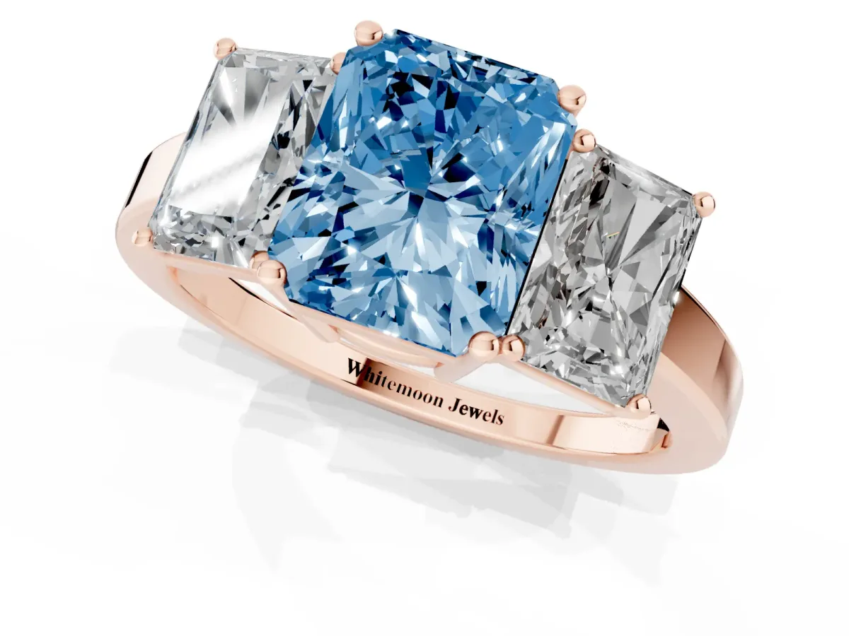 Fancy Blue Three-Stone Radiant Cut Cut Diamond Engagement Ring with Flat Band and Four-Prong Setting Rose gold