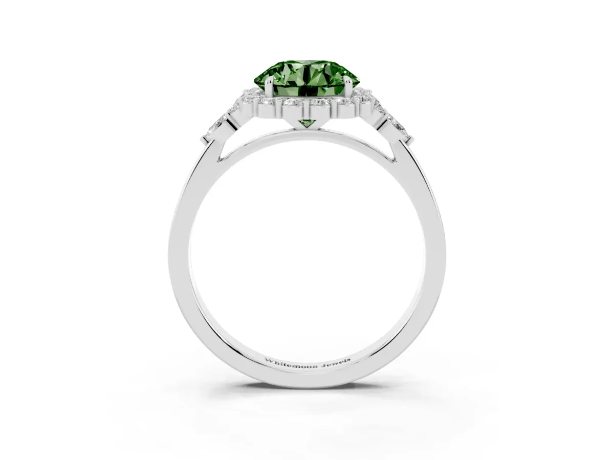 Fancy Green Round Cut Diamond Halo Ring with Pear Side Stones and Prong Setting Silver