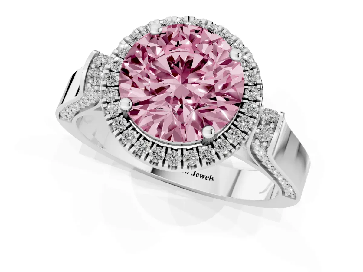 Fancy Pink Round Cut Halo Round Diamond Twist Band with Four-Prong Setting White gold