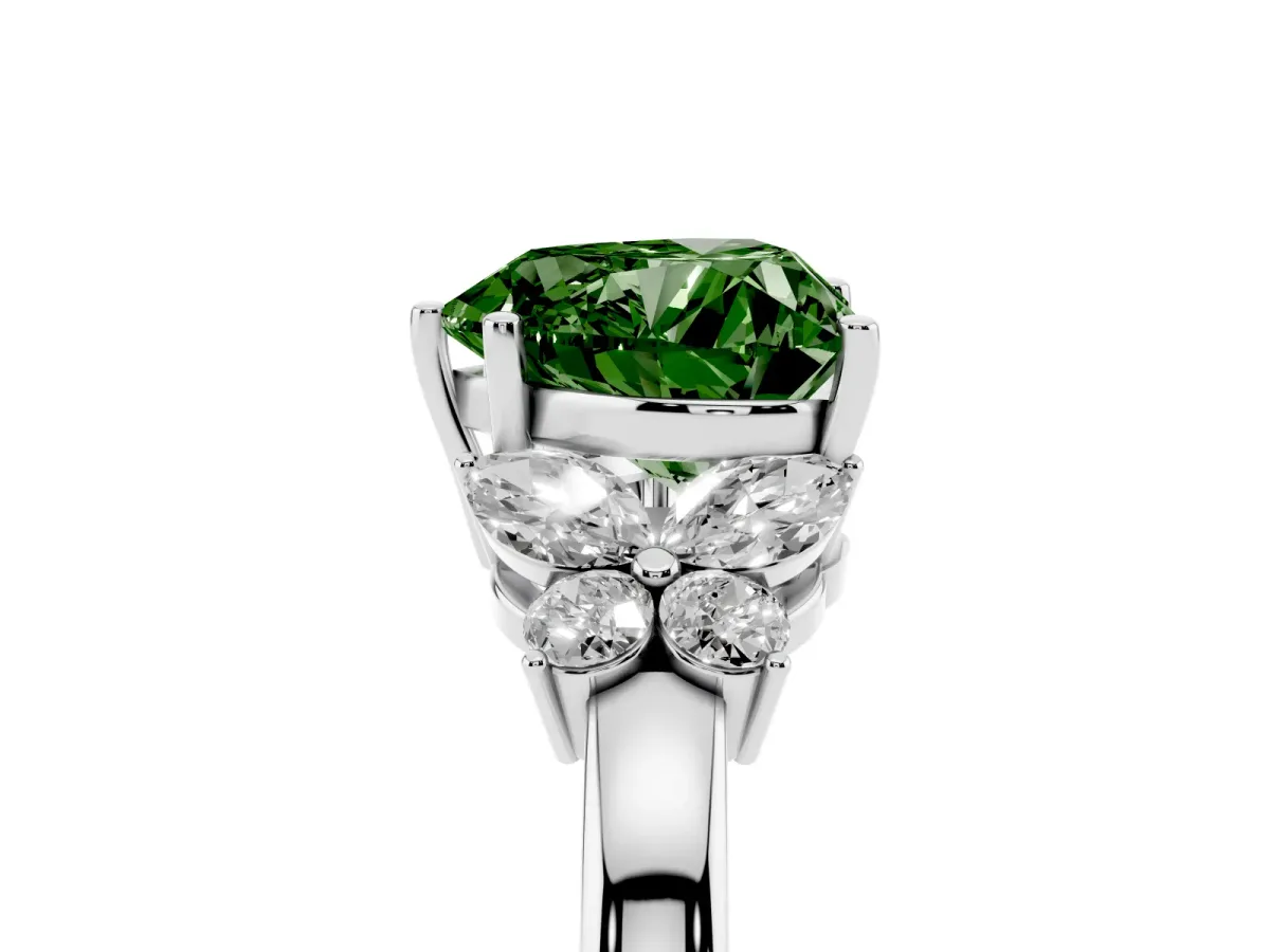 Fancy Green Heart Cut Cut Solitaire Floral Diamond Ring with Four-Prong Setting Silver