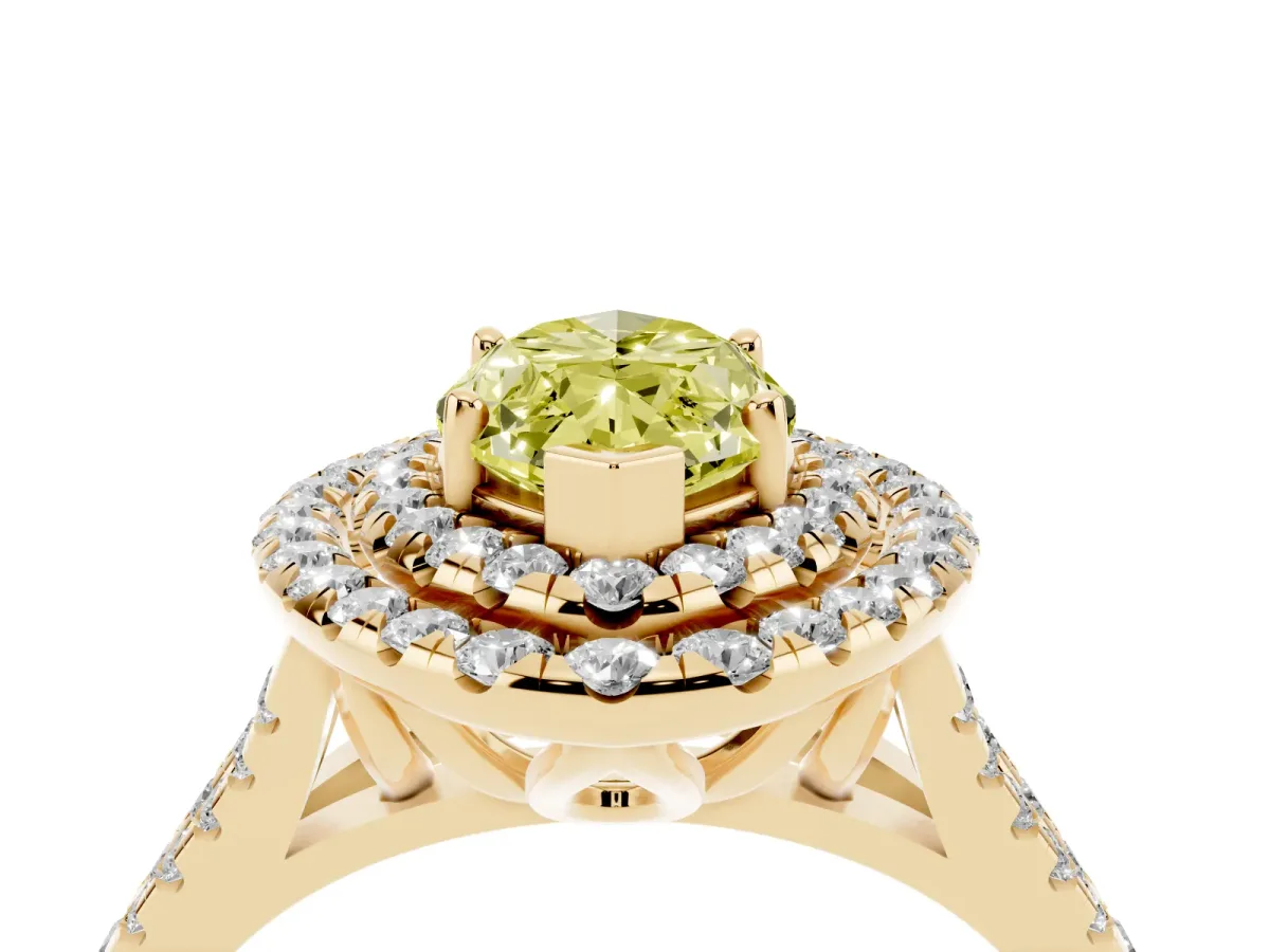 Fancy Yellow Double Halo Marquise Cut Diamond Pavé Split Shank Ring with Prong Setting Yellow gold