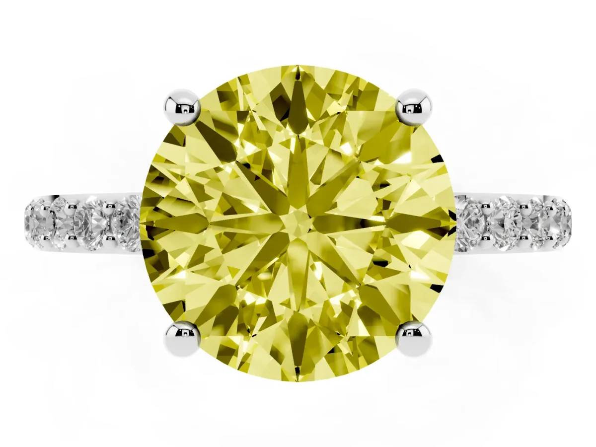 Fancy Yellow Round Cut Diamond Solitaire Ring with Round Pavé Band and Prong Setting Silver