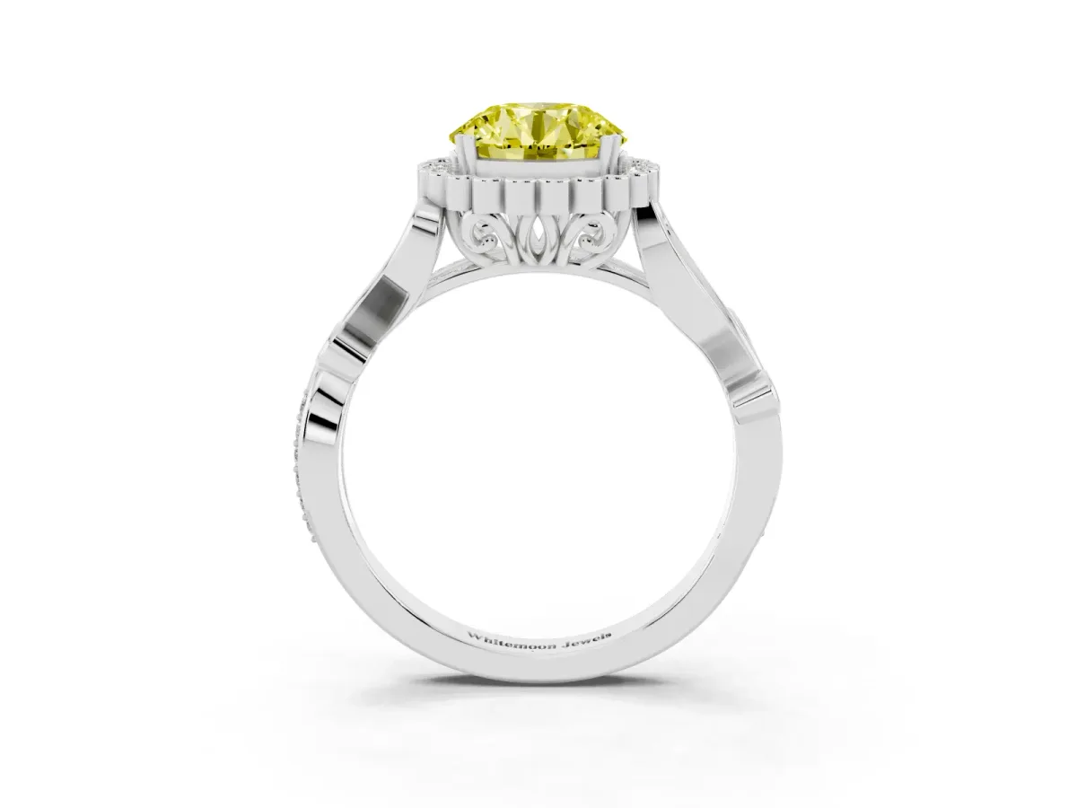 Fancy Yellow Round Cut Diamond Halo Ring with Vintage Split Shank and Four-Prong Setting Silver