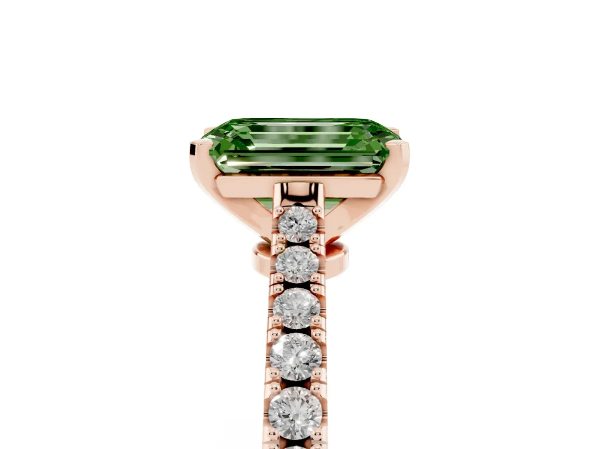 Fancy Green Emerald Cut Cut Solitaire Diamond Engagement Ring with Pave Band and Four-Prong Setting Rose gold