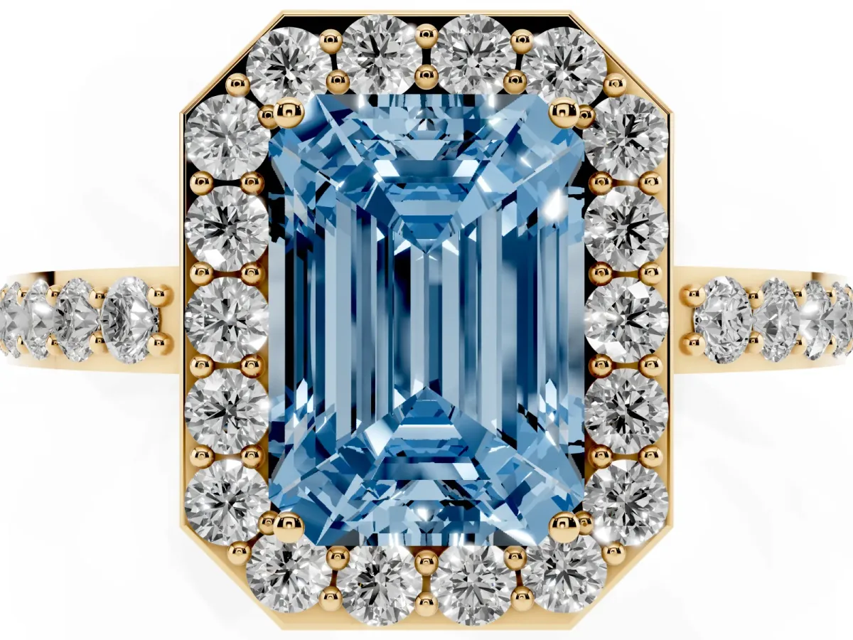Fancy Blue Emerald Cut Halo Diamond Pavé Band Ring with Prong Setting Yellow gold