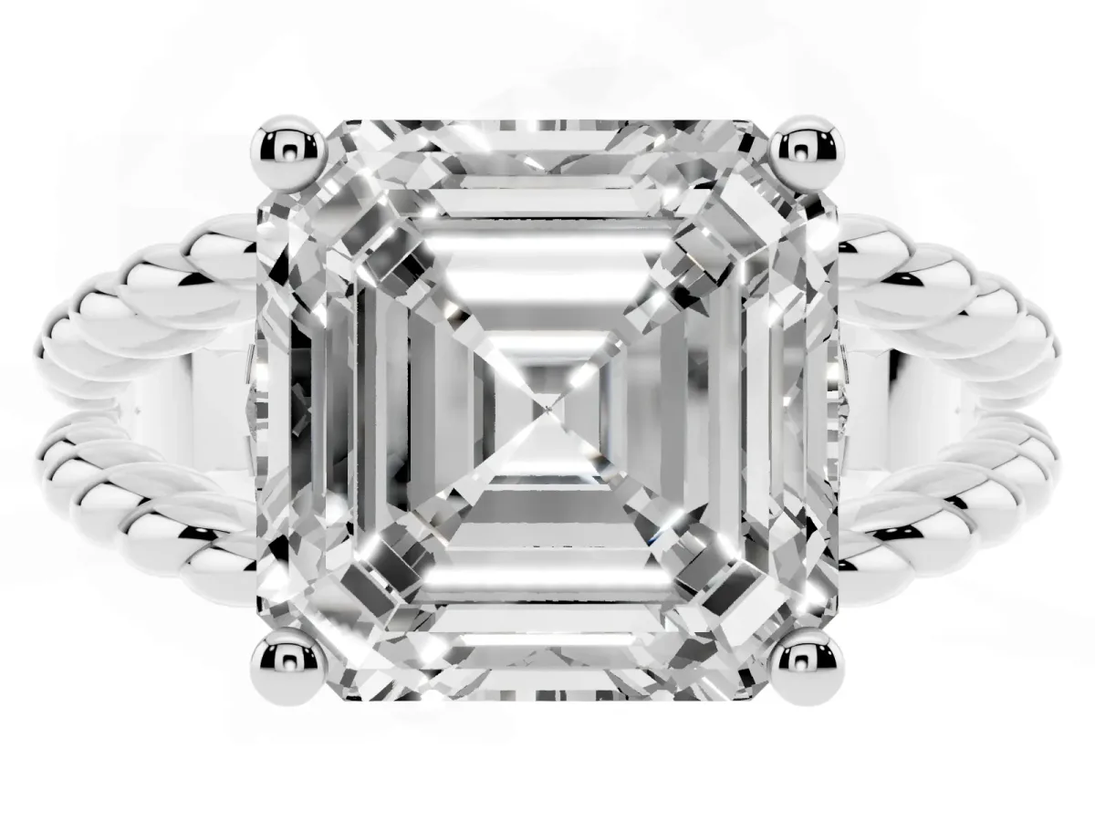 Asscher Cut Halo Twisted Band Four-Prong Ring Silver