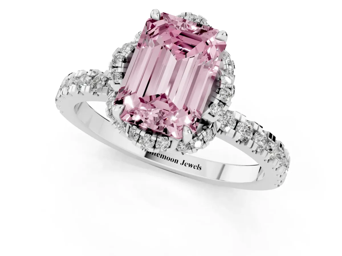 Fancy Pink Emerald Cut Diamond Halo Pave Band with Four-Prong Setting Silver