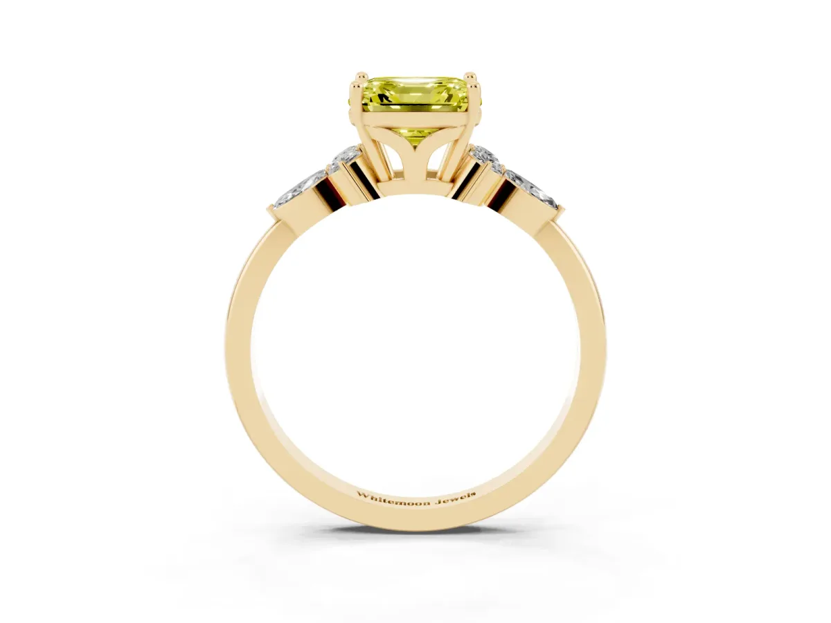 Fancy Yellow Asscher Cut Brilliant Diamond Solitaire Ring with Pear Side Stones and Four-Prong Setting Yellow gold