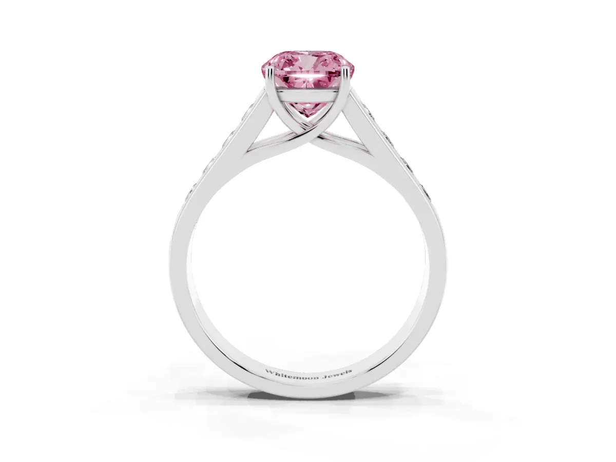 Fancy Pink Cushion Cut Solitaire Channel-Set Diamond Engagement Ring with Four-Prong Setting Silver