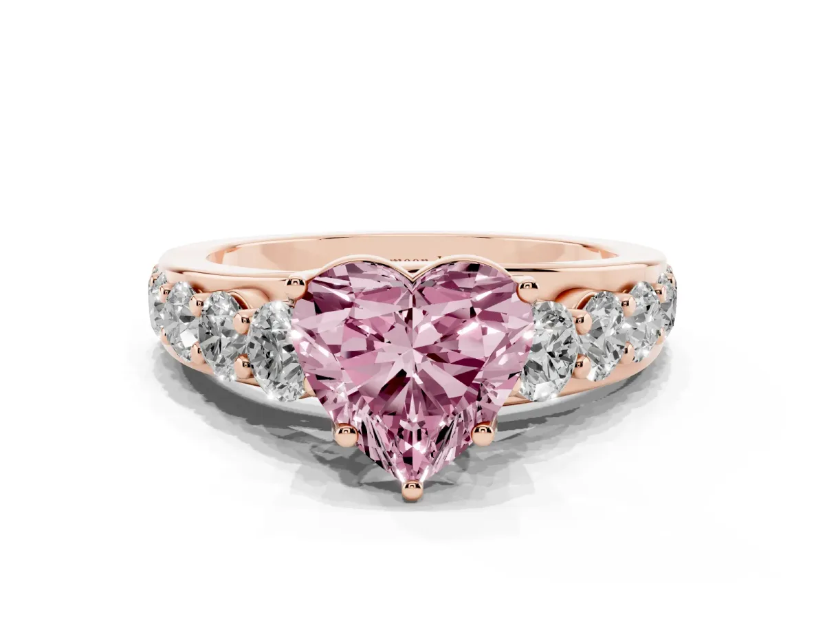 Fancy Pink Heart Cut Diamond Engagement Ring with Pavé Band and Four-Prong Setting Rose gold
