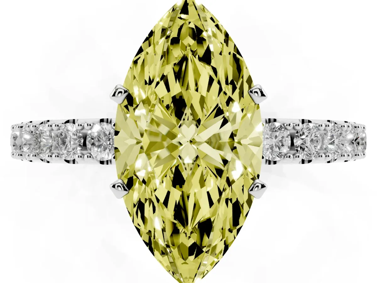 Fancy Yellow Marquise Cut Diamond Solitaire Pavé Band with Four-Prong Setting Silver