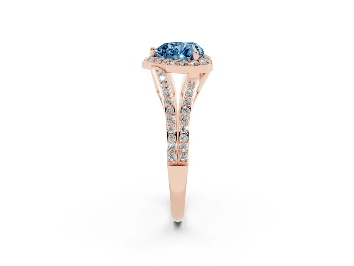 Fancy Blue Heart Cut Halo Split Shank Diamond Ring with Prong Setting Rose gold