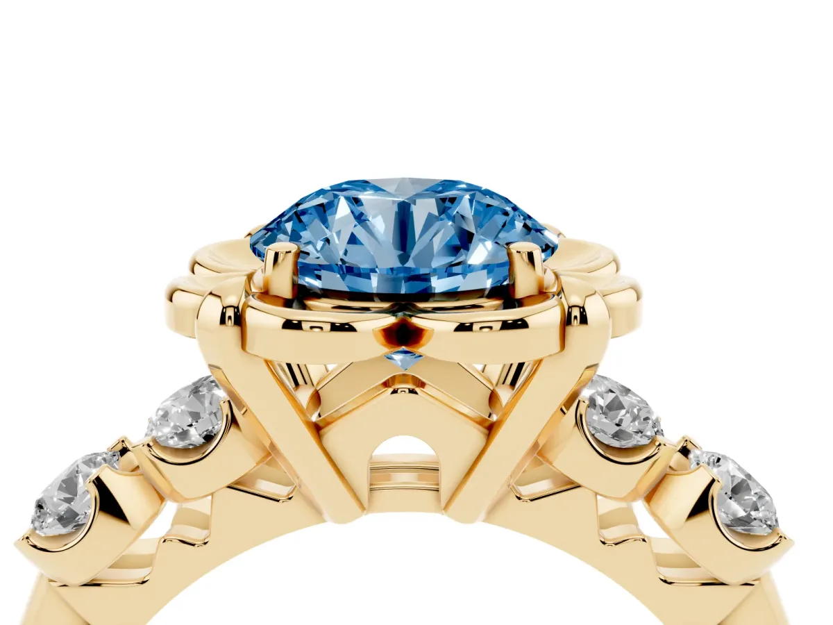 Fancy Blue Round Cut Cut Diamond Floral Halo Engagement Ring with Shared Prong Setting Yellow gold