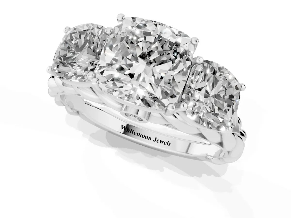 Three-Stone Cushion Cut Diamond Braided Band Ring with Four-Prong Setting Platinum