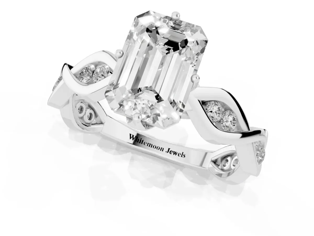 Emerald Cut Solitaire Twist Band with Leaf Prong Setting Silver