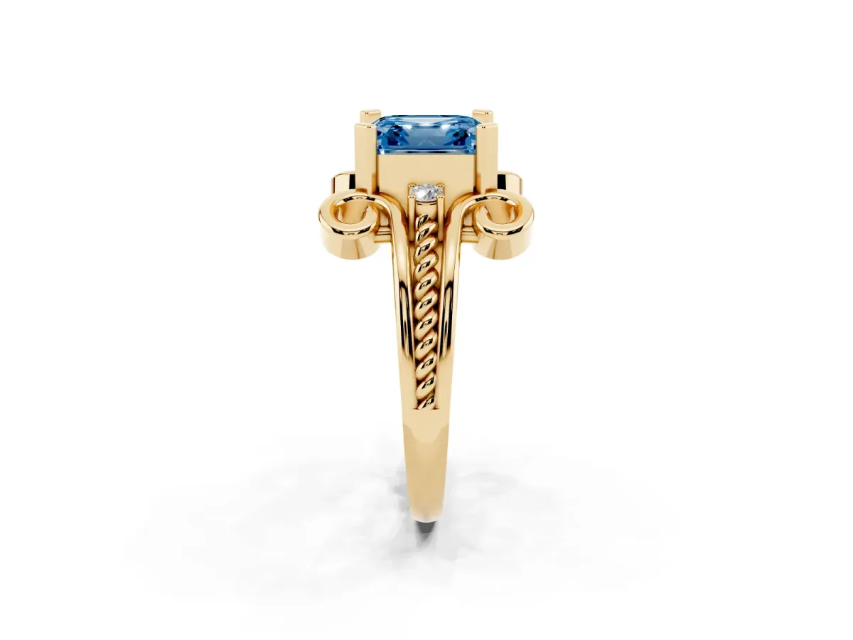Fancy Blue Asscher Cut Solitaire Twisted Band Scroll Prong Ring Yellow gold