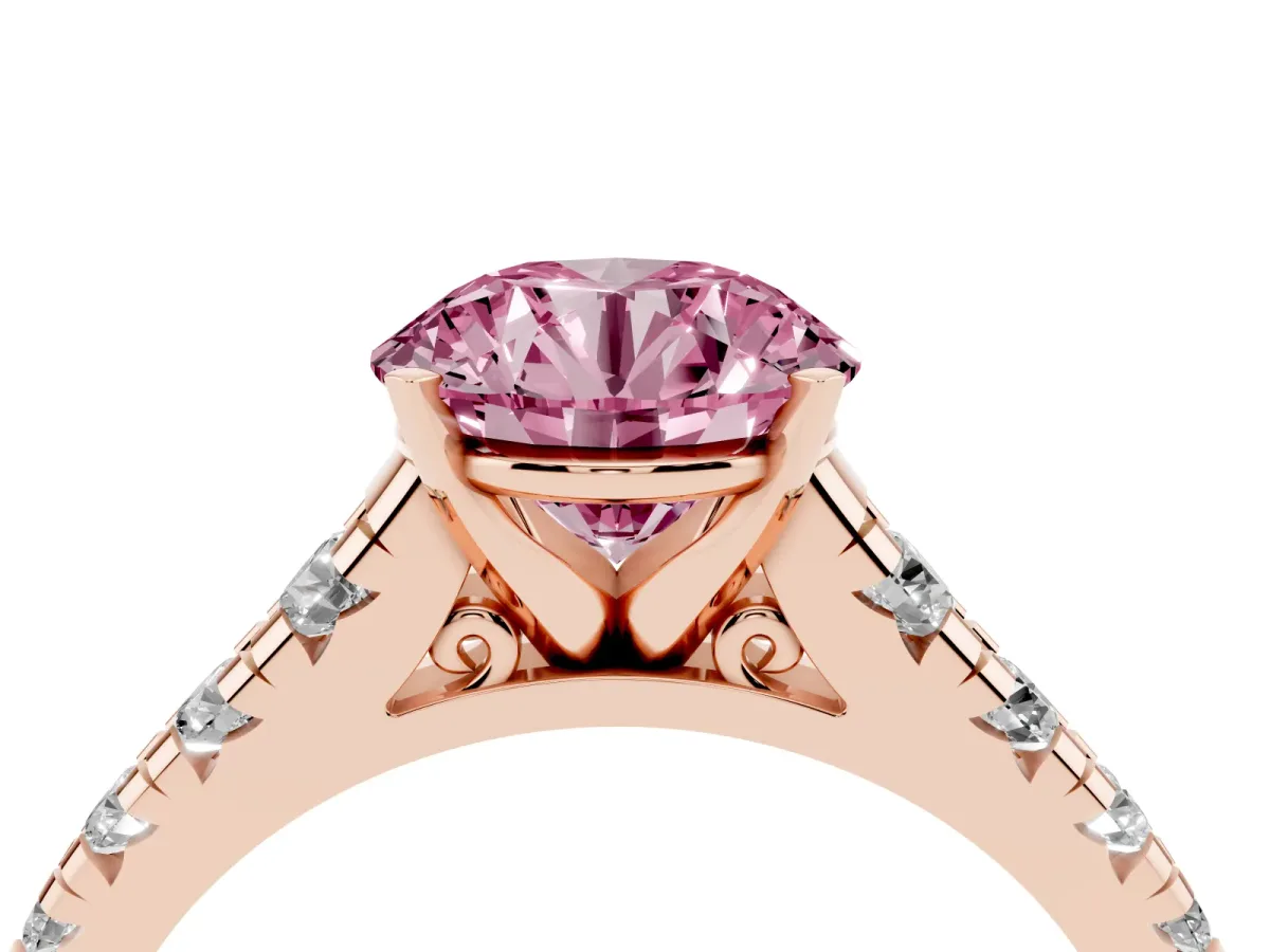 Fancy Pink Round Cut Diamond Cathedral Solitaire Ring with Round Pavé Band Rose gold