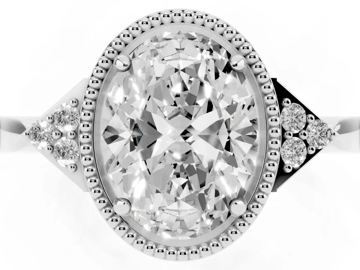 Oval Cut Diamond Halo Ring with Tapered Band and Four-Prong Setting Silver