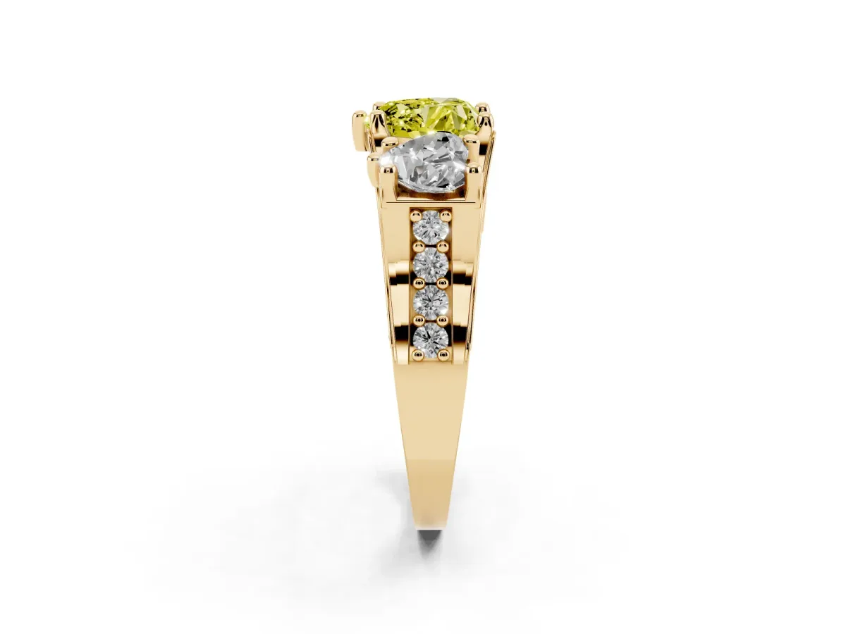 Fancy Yellow Heart Cut Diamond Three-Stone Ring with Channel Set Band and Four-Prong Setting Yellow gold