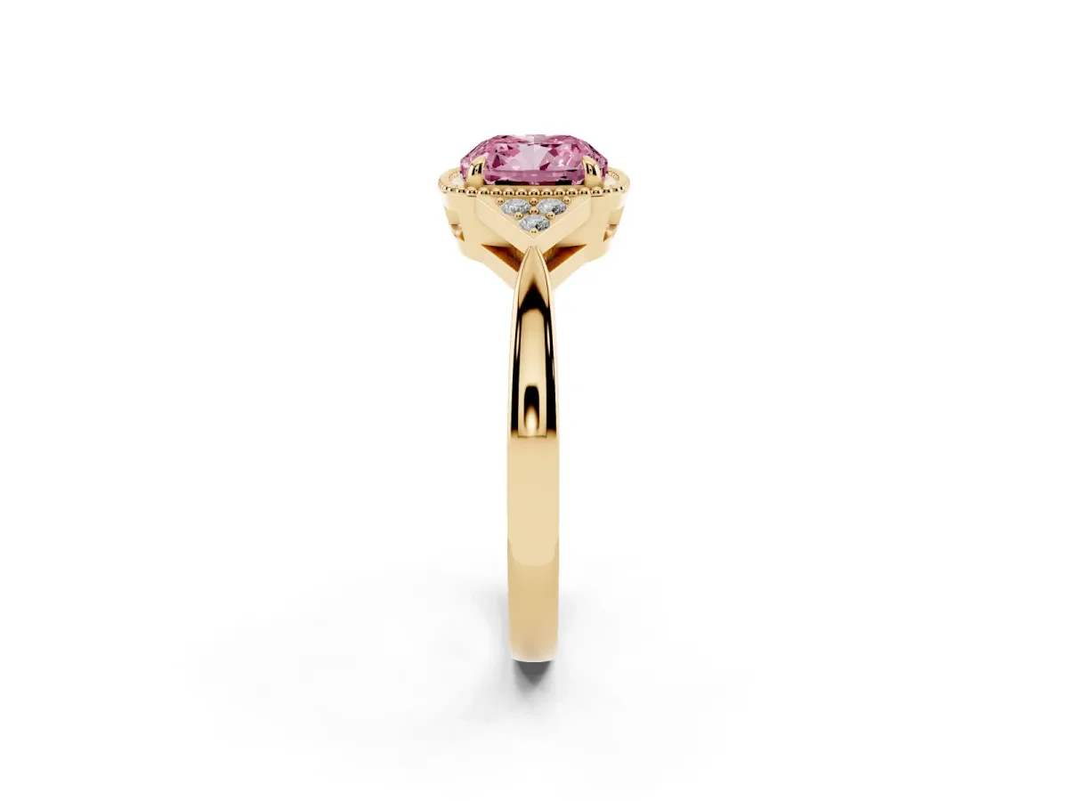 Fancy Pink Cushion Cut Diamond Halo Ring with Tapered Band and Four-Prong Setting Yellow gold