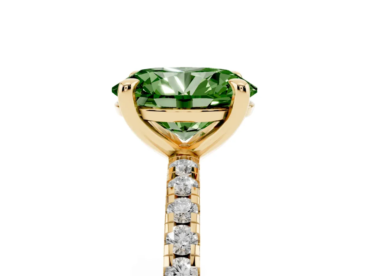 Fancy Green Oval Cut Diamond Brilliant Solitaire Ring with Pavé Band and Four-Prong Setting Yellow gold
