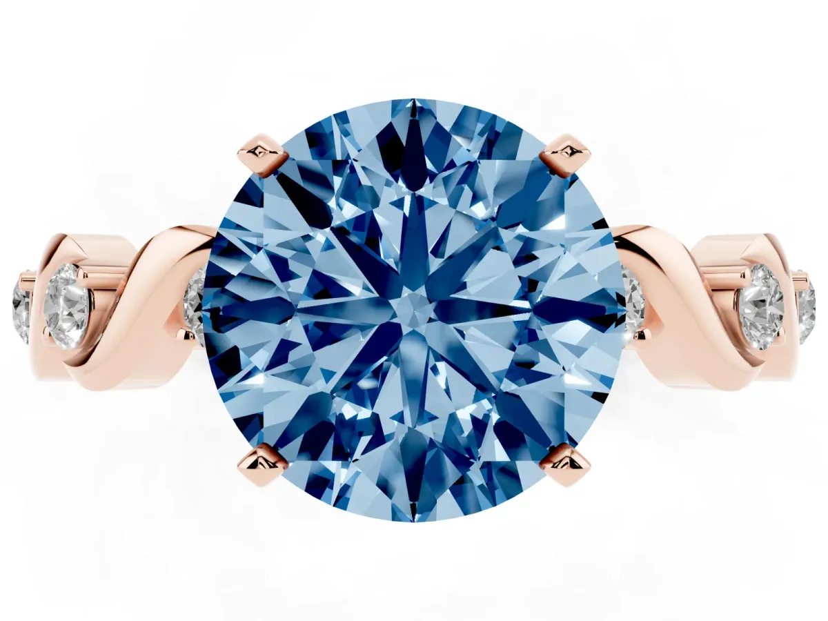 Fancy Blue Round Cut Diamond Solitaire Twisted Band with Round Accents and Prong Setting Rose gold