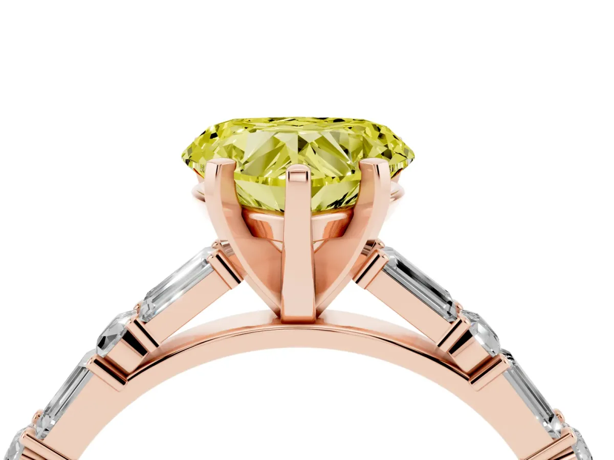 Fancy Yellow Heart Cut Diamond Solitaire with Side Baguettes and Channel Set Band Rose gold
