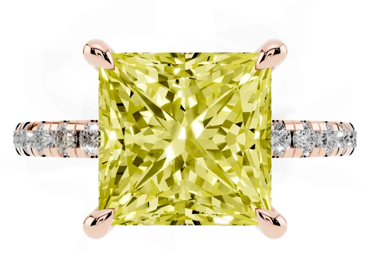 Fancy Yellow Princess Cut Diamond Brilliant Solitaire Ring with Pavé Band and Four-Prong Setting Rose gold