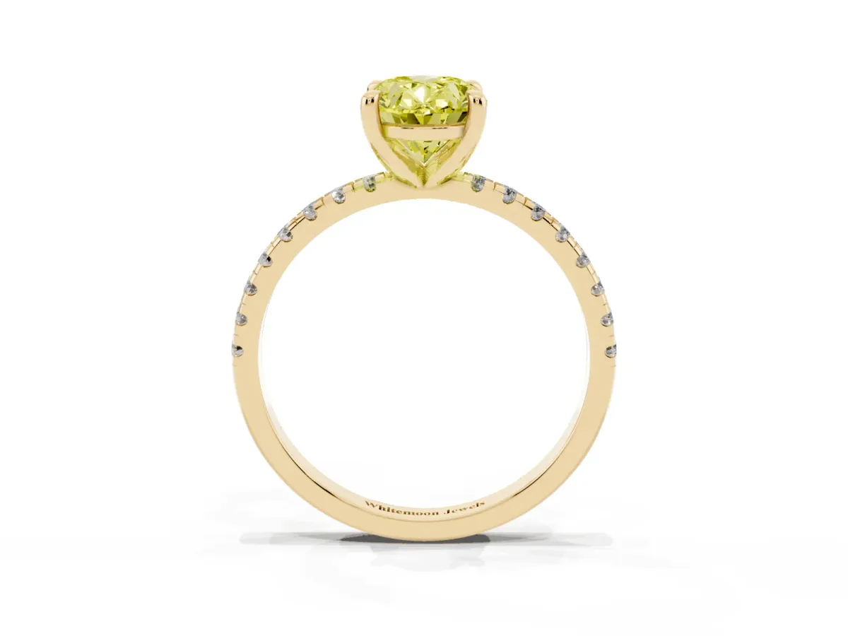 Fancy Yellow Oval Cut Diamond Brilliant Solitaire Ring with Pavé Band and Four-Prong Setting Yellow gold