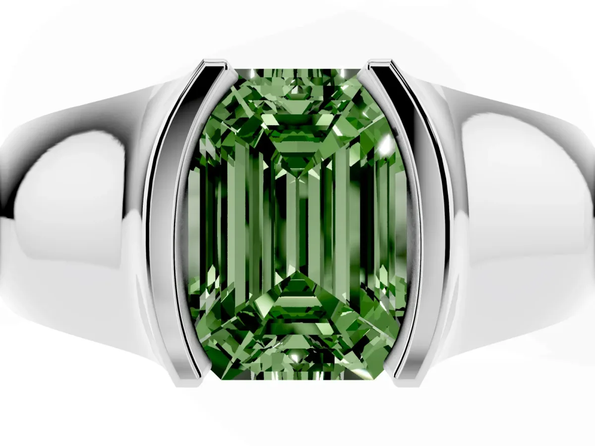 Fancy Green Emerald Cut Solitaire Bezel Set Diamond Ring with Wide Band Platinum