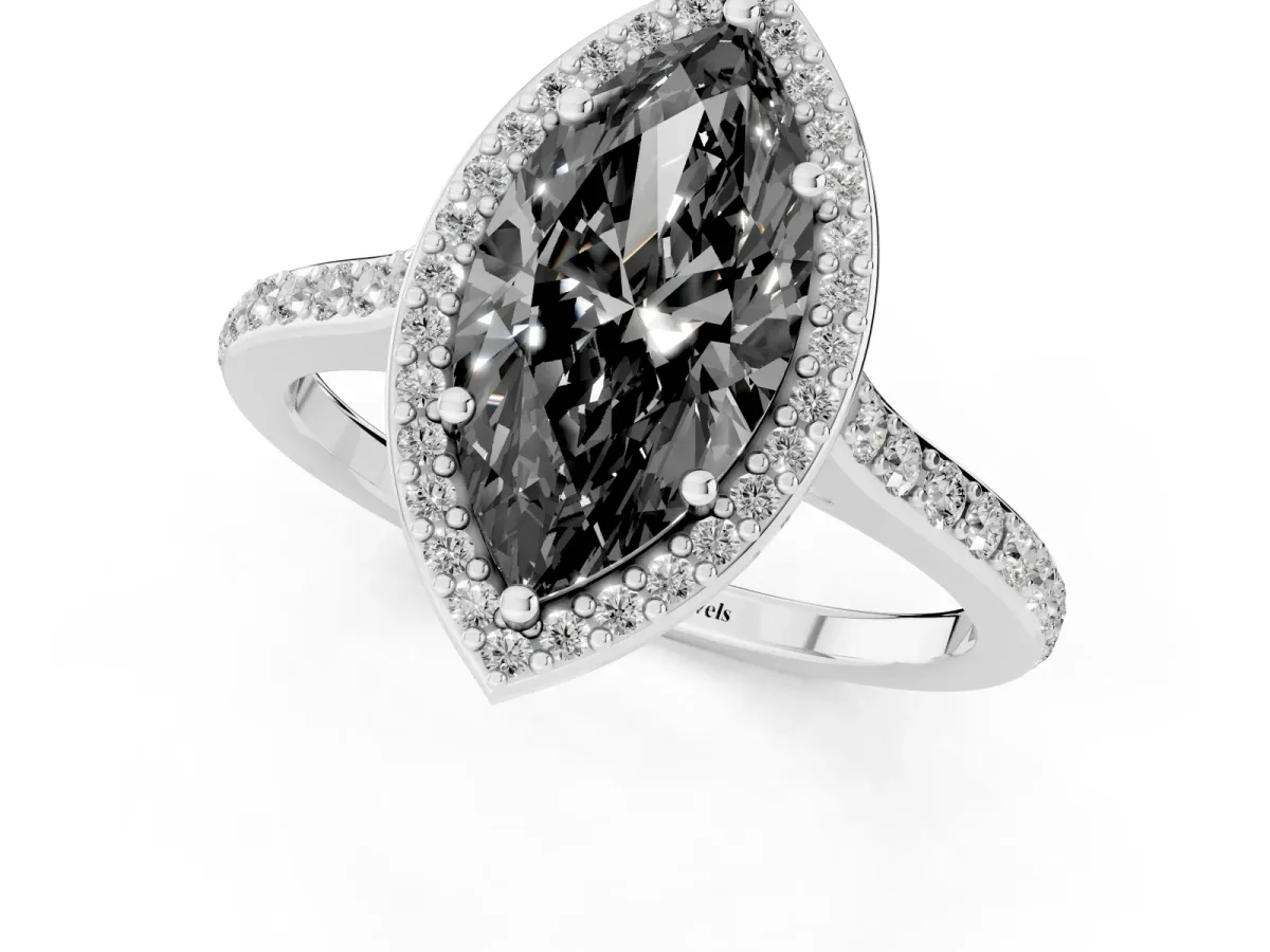 Fancy Black Marquise Cut Diamond Halo Engagement Ring with Round Pavé Shoulders and Prong Setting Platinum
