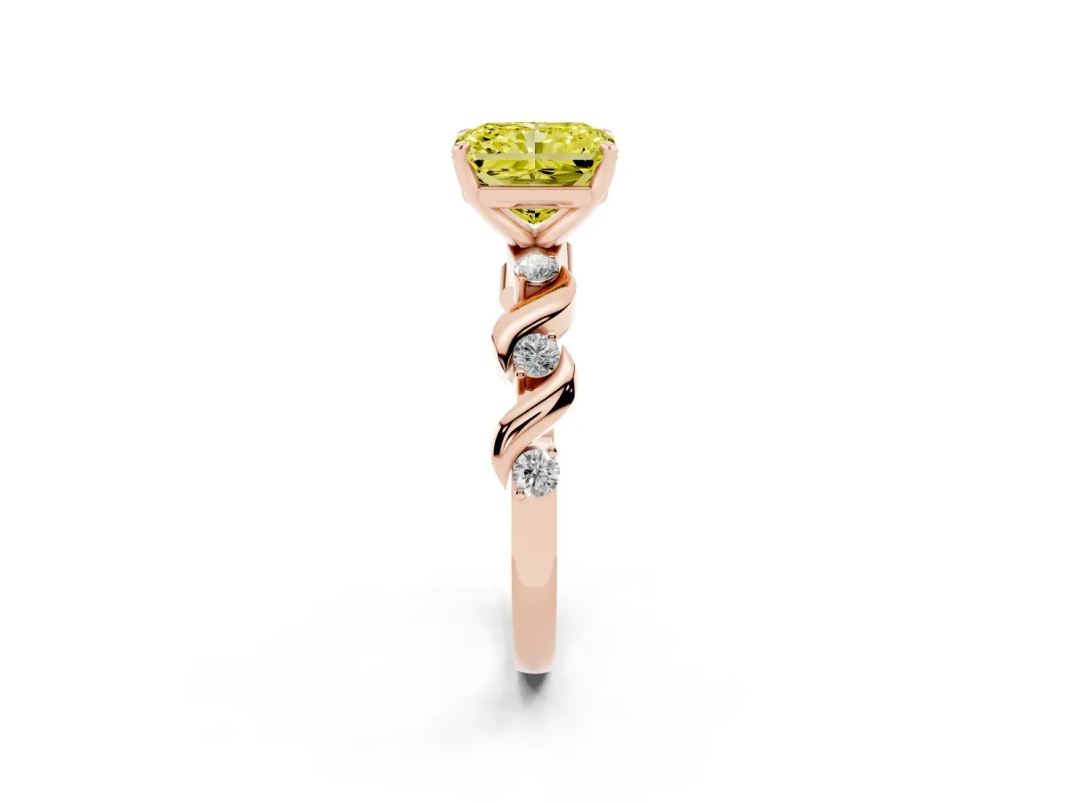 Fancy Yellow Radiant Cut Diamond Solitaire Twisted Band with Round Accents and Prong Setting Rose gold