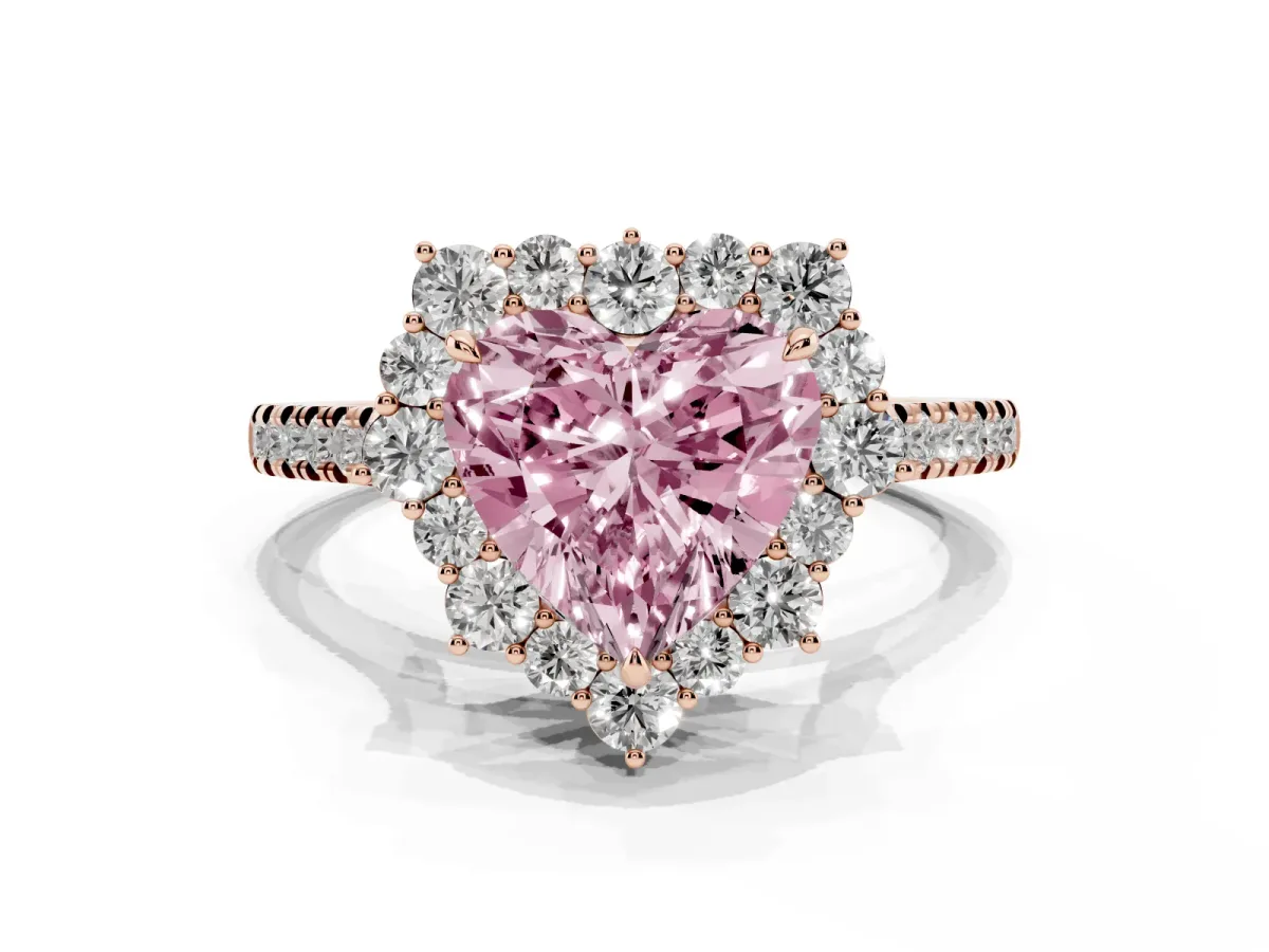 Fancy Pink Heart Cut Halo Diamond Ring with Pavé Band and Prong Setting Rose gold