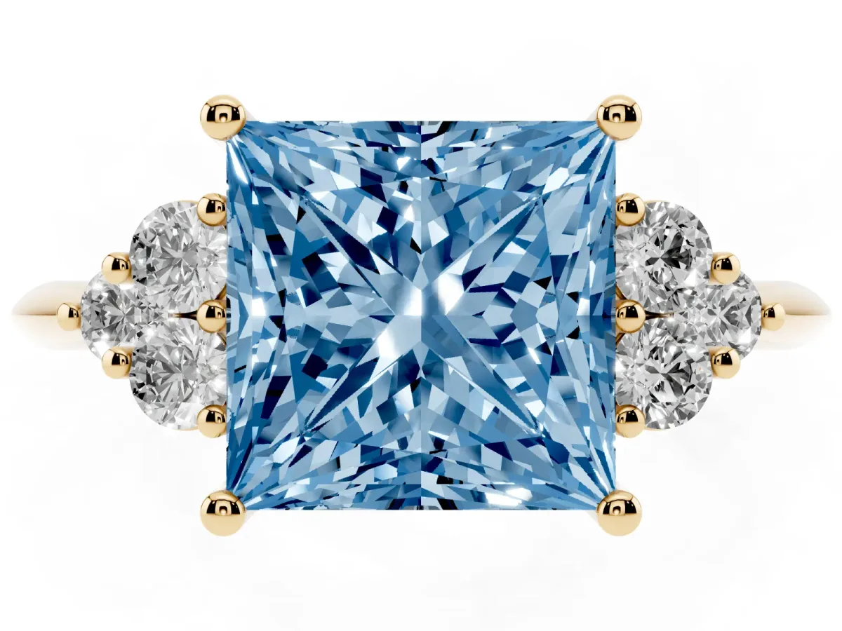 Fancy Blue Princess Cut Cut Diamond Cluster Ring with Solitaire Band and Four-Prong Setting Yellow gold