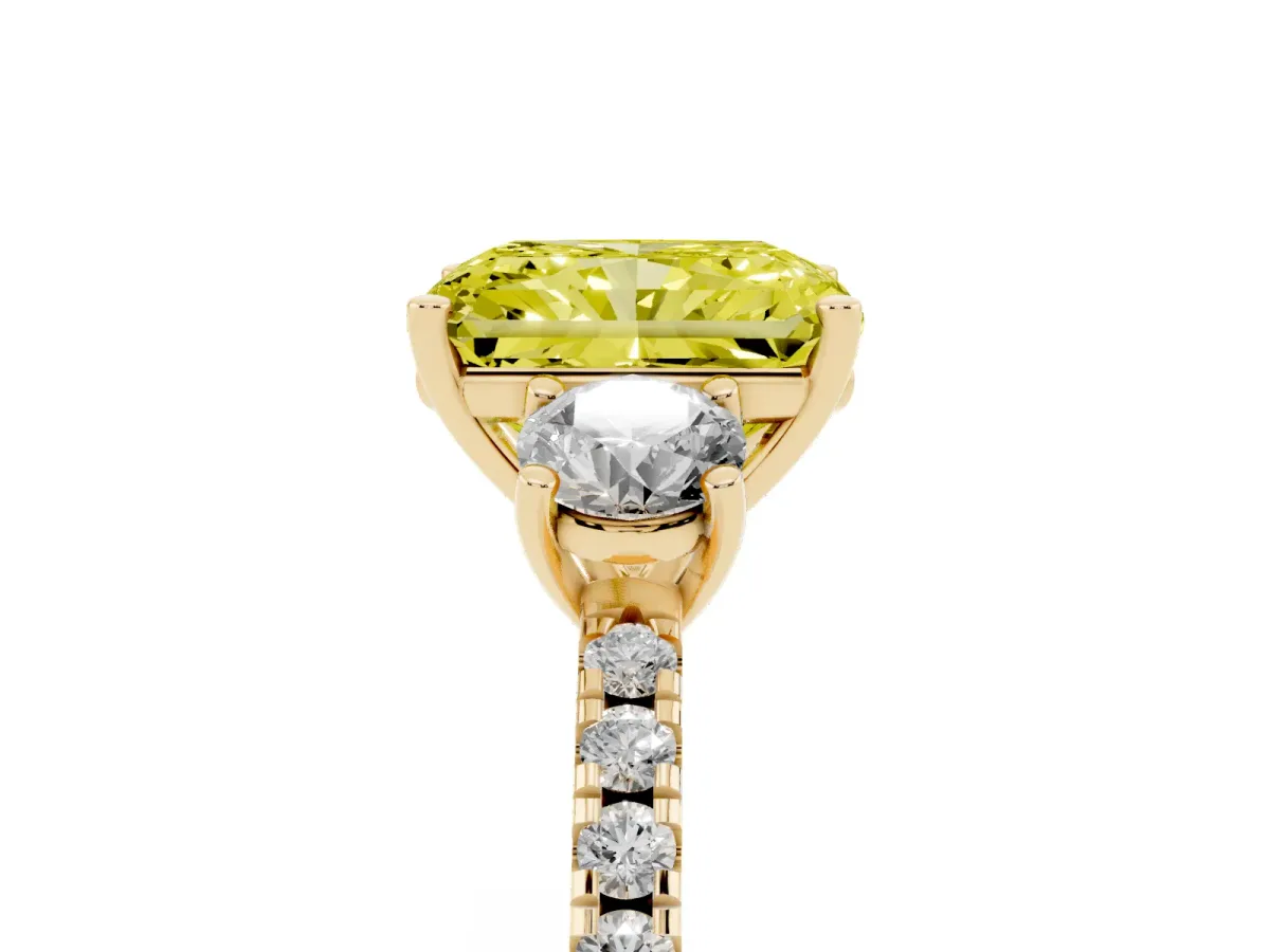 Fancy Yellow Three-Stone Radiant Cut Cut Diamond Pavé Band with Prong Setting Yellow gold