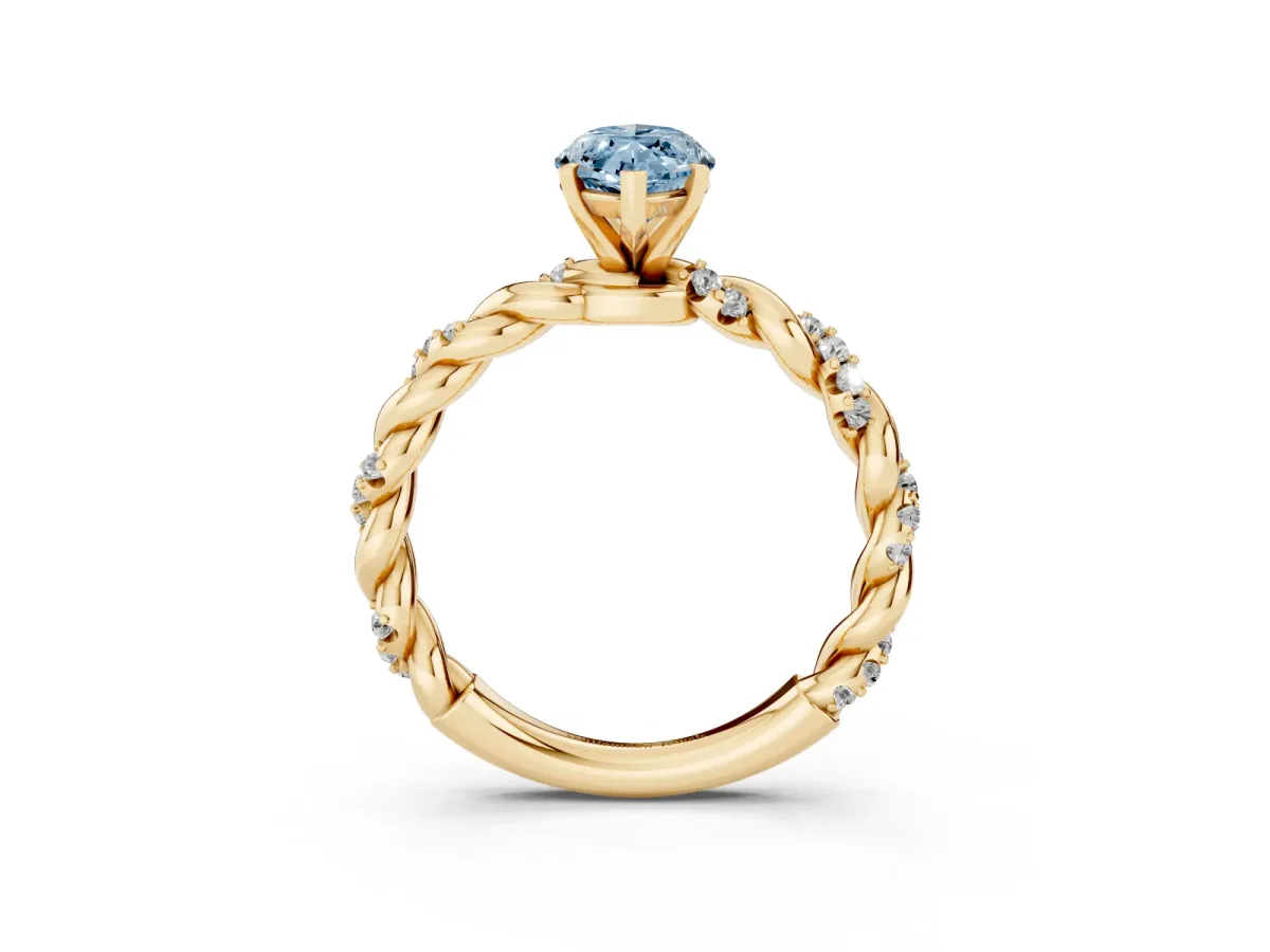 Fancy Blue Marquise Cut Diamond Solitaire Ring with Twisted Band and Pavé Accents Yellow gold